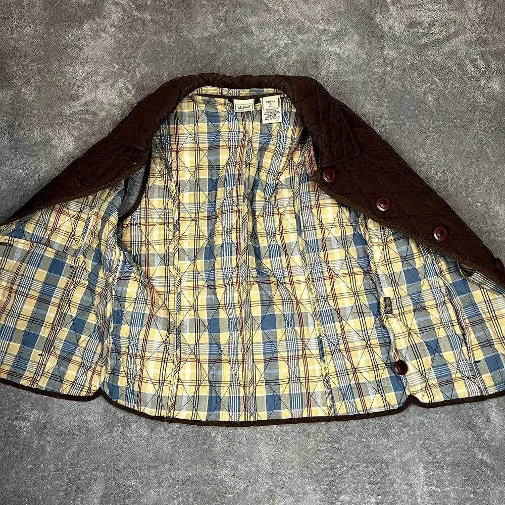 LL Bean Quilted Vest Womens S Brown Plaid‎ Lined Button Front Collared Thermal